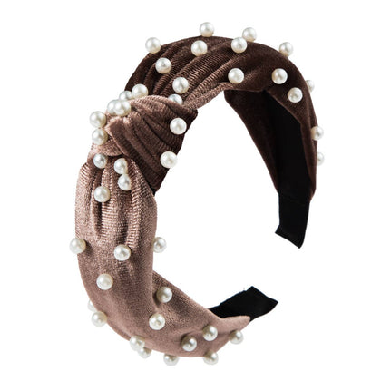 Flannel Knotted Beaded Pearl Headband- Mocha