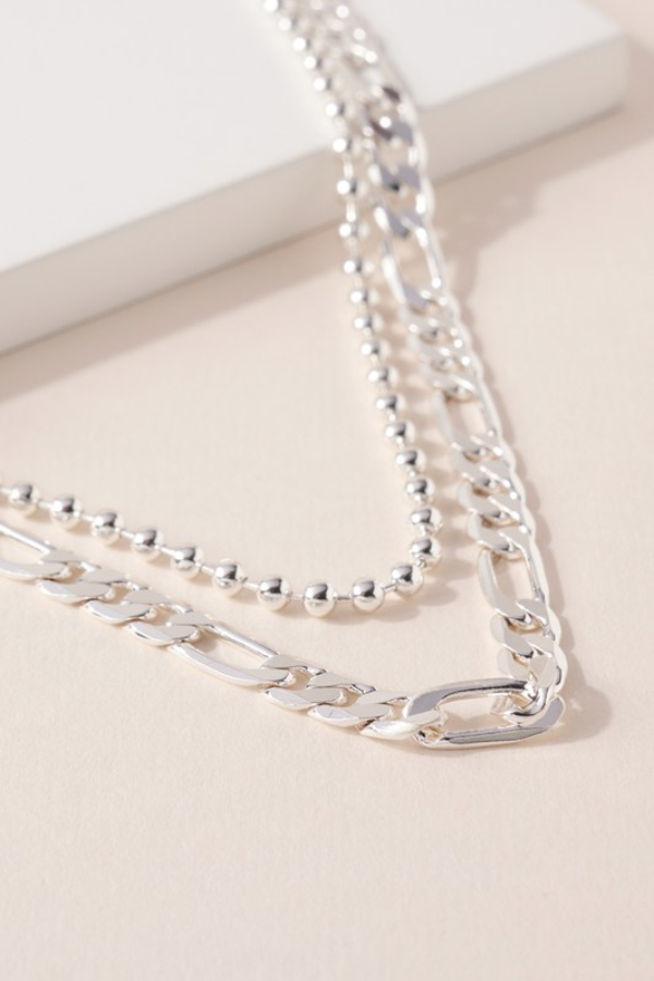 Silver Layered Chain Bead Necklace
