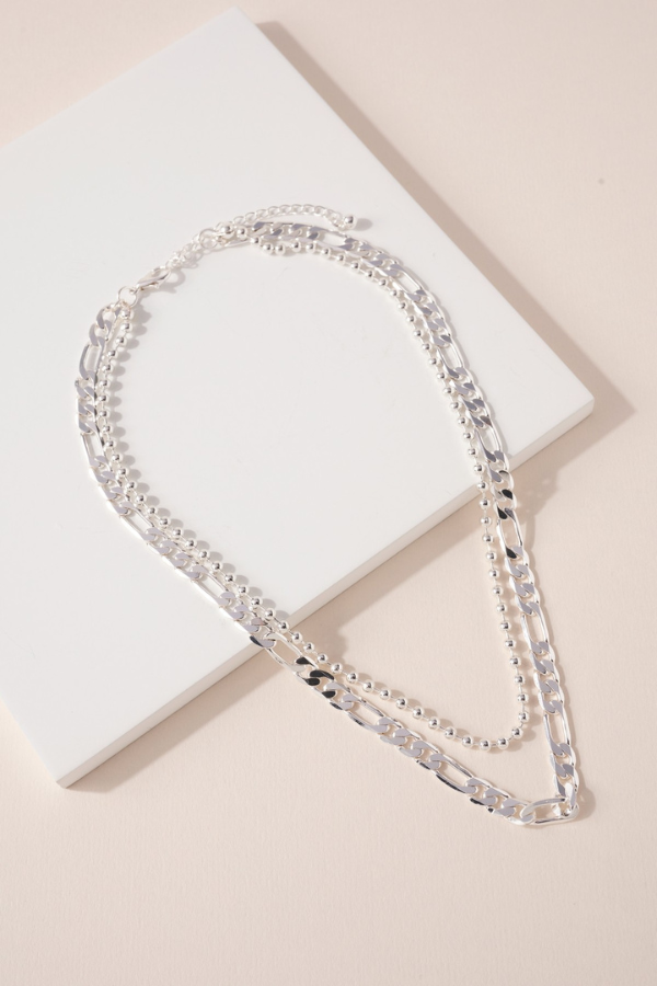 Silver Layered Chain Bead Necklace