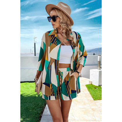 Graphic Open Front Blouse and Shorts Set