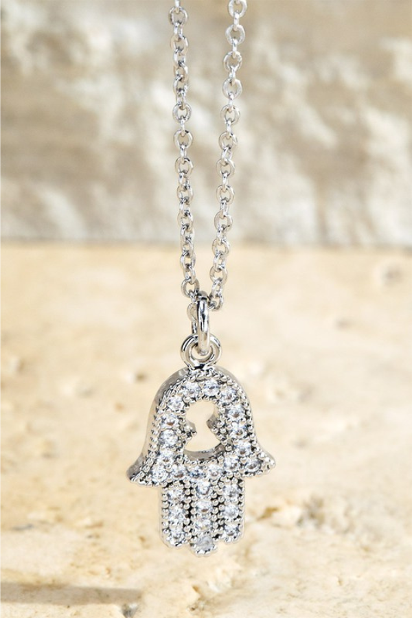 Silver-Brass Pave Hamsa Pendant Necklace