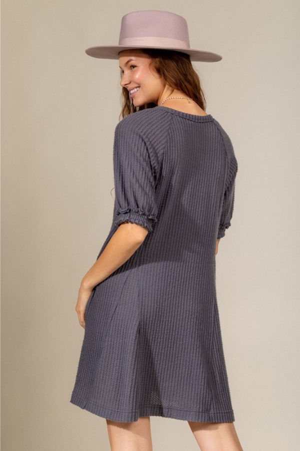 A-Line Button Down Waffle Knit Dress -  Charcoal