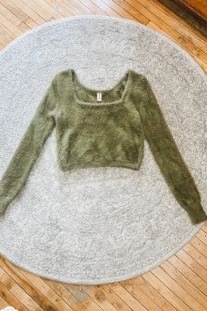 Fuzzy Green Crop Sweater
