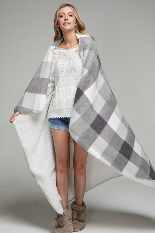 Stay Warm Grey Plaid Sherpa Throw Blanket